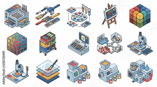 Isometric Icons Representing Various Scientific and Artistic Processes and Tools.