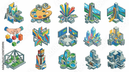 Collection of isometric futuristic buildings and abstract structures with vibrant colors.