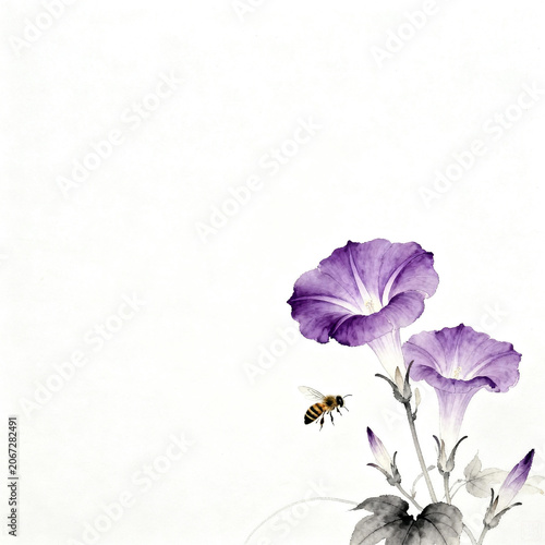 Chinese Ink Wash Painting of Purple Morning Glories With a Foraging Honey Bee on Rice Paper