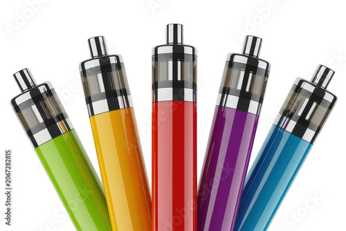 A collection of five colorful electronic cigarettes or vape pens with transparent tanks isolated on a solid black background, for retail display