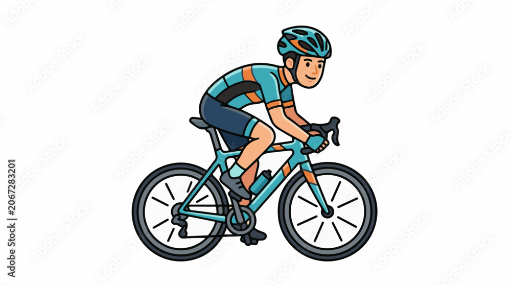 Obraz premium A cartoon cyclist wearing a blue and orange uniform rides a matching bicycle