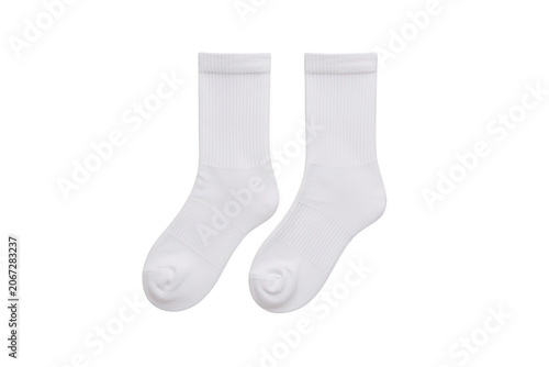 A pair of plain white cotton crew socks, isolated on a solid black background, showing fabric texture and realistic clothing details