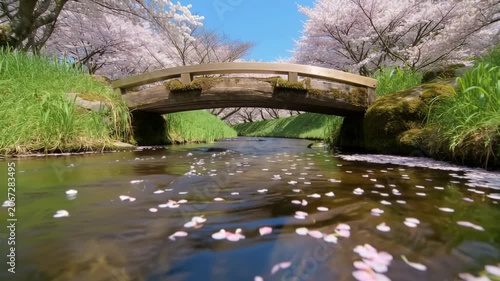 Peaceful Japanese wooden bridge over a stream with falling cherry blossoms. Seamless looping 4k video background