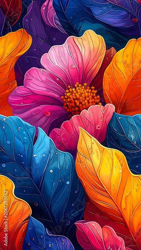 A vibrant floral pattern with colorful flowers and leaves (2)