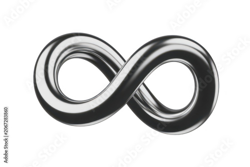 A metallic infinity symbol with a smooth, reflective silver surface, representing the concept of eternity and endlessness on black