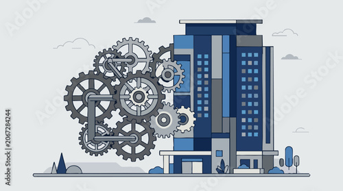 Cuadro en lienzo Business building with gears representing process automation and efficiency