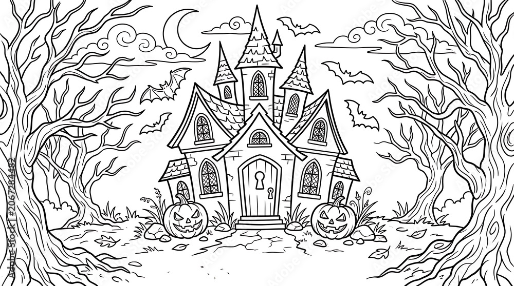 Naklejka premium Haunted house coloring page with pumpkins and spooky trees illustration
