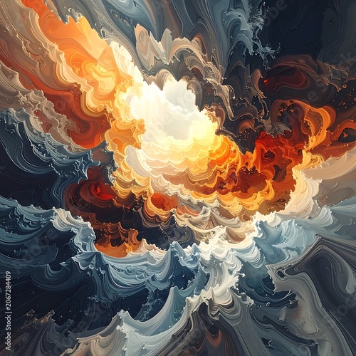 Vibrant swirling clouds in shades of orange, white, and blue