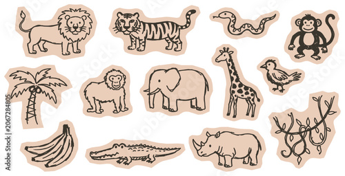 Photography Collection of safari jungle animals and plants illustrations on a white background, perfect for children's designs