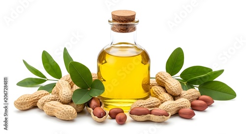 A clear glass bottle of golden peanut oil stands surrounded by peanuts and fresh green leaves