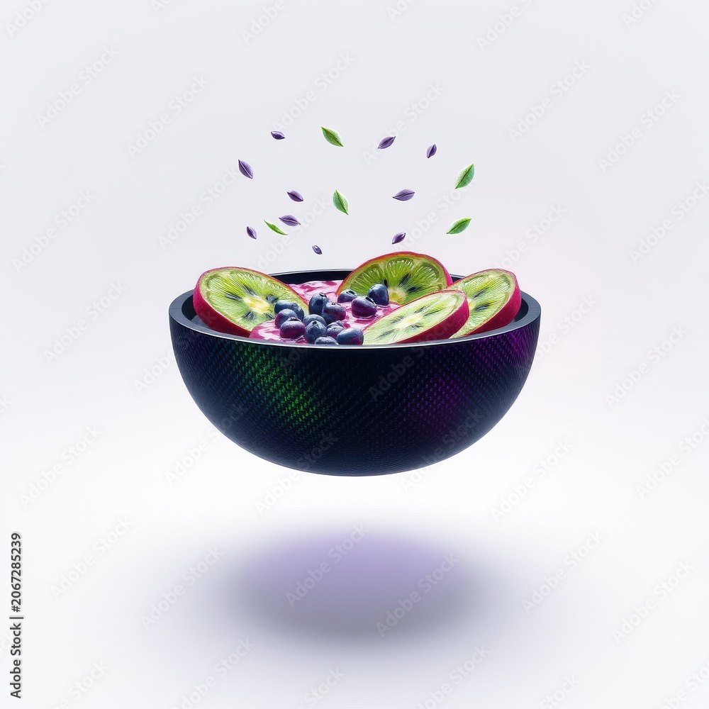 Obraz premium Floating bowl contains kiwi slices, blueberries, purple petals, green leaves. Dramatic lighting creates vibrant colors, modern aesthetic.
