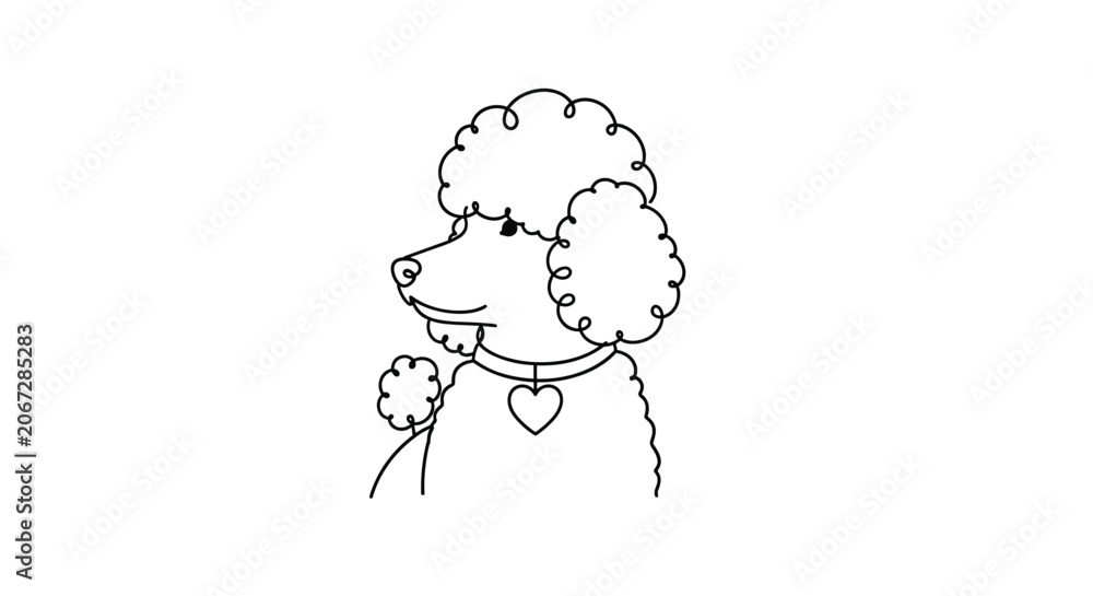 Fototapeta premium Minimalist black and white line art illustration of a well-groomed poodle wearing a heart-shaped collar charm and a bow.