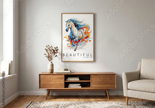 Realistic Wooden Poster Mockup in Living Room