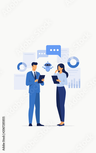 Businessman and businesswoman analyzing data on tablets with AI chatbot icon artificial intelligence and data analysis concept vector illustration