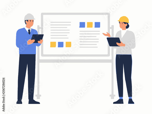 Two engineers or construction managers in safety helmets discussing a project on a whiteboard vector illustration