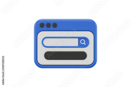 3d render of a blue web browser window with a search bar and a black button isolated on a black background, for digital interface