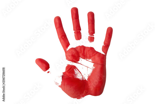 Human handprint in bright red paint isolated against a solid black background, for artistic or, warning visual concepts