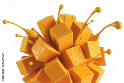 Fresh mango fruit cubes arranged in a sphere shape with liquid yellow mango juice splashing around isolated on a transparent background, for ads