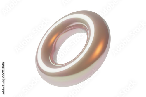 A3d rendered metallic torus ring with a soft rose gold finish and glowing light reflections, isolated against a solid black background, abstract