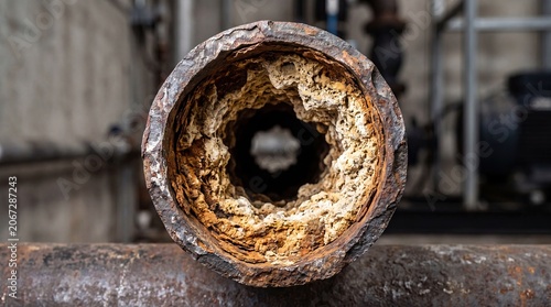 Corroded metal pipe with limescale buildup maintenance problem concept
