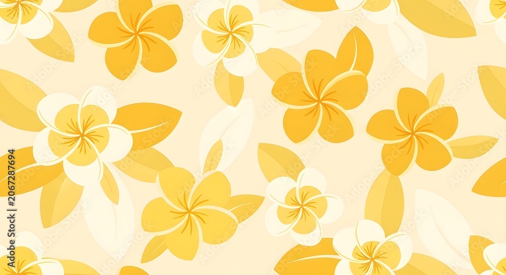 Fototapeta premium A seamless pattern of yellow and white plumeria flowers and leaves on a pale yellow background.