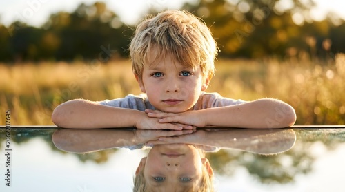 A thoughtful blonde child rests his chin on his hands, looking into the camera with his reflection visible on a table. Ideal for childhood innocence or family lifestyle blogs.