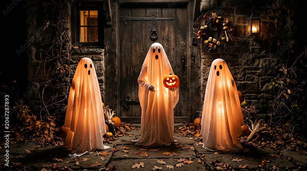Fototapeta premium Three kids in ghost costumes trick or treating at night illustration