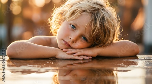 A close-up of a blonde child resting his head on his arms on a shiny wooden surface with soft bokeh in the background. Ideal for emotional storytelling or childhood health themes.