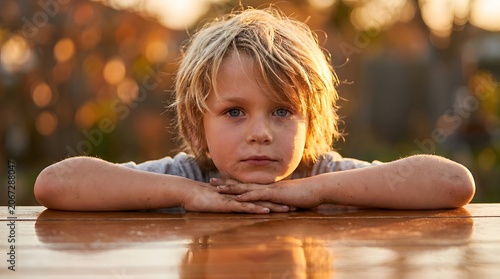 A young child with messy blonde hair rests his chin on his hands on a wooden outdoor table during the golden hour. Perfect for capturing moments of quiet childhood reflection.