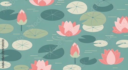A serene and stylized illustration of a tranquil pond filled with blooming water lilies and lily pads.