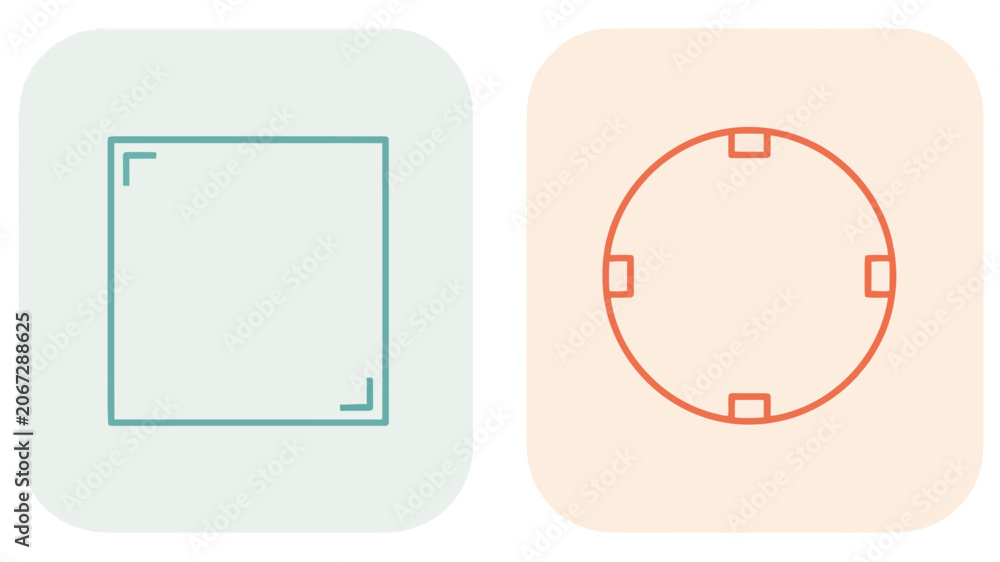 Fototapeta premium Abstract geometric icons for digital image cropping and framing with pastel green square and orange circular markers