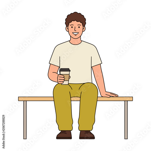 A man sits quietly on a simple bench facing forward. Flat vector modern illustration