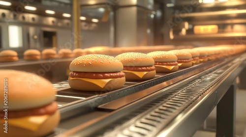 Freshly baked burger buns moving on a conveyor belt in a bakery.