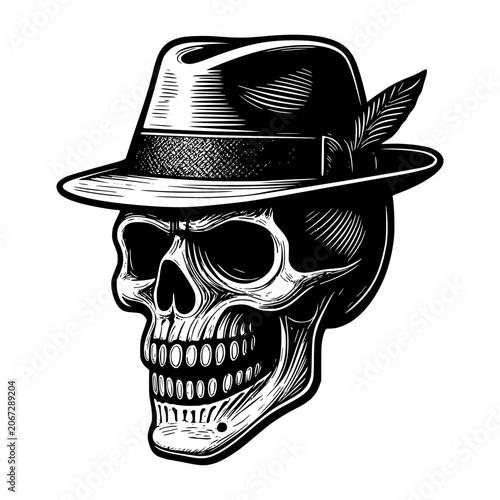 Dapper Skull with Feathered Hat: A striking black and white illustration of a human skull adorned with a stylish fedora hat featuring a single feather, embodying a darkly elegant aesthetic.