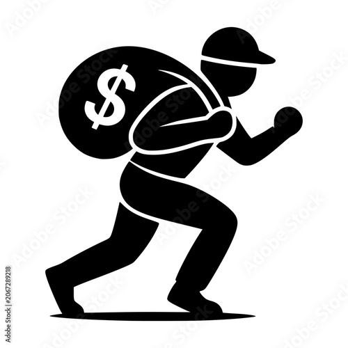 Thief Running with Money Bag: A stylized silhouette of a thief wearing a cap, running with a large sack emblazoned with a dollar sign on his back. Symbolizing theft, crime, and illicit gain.