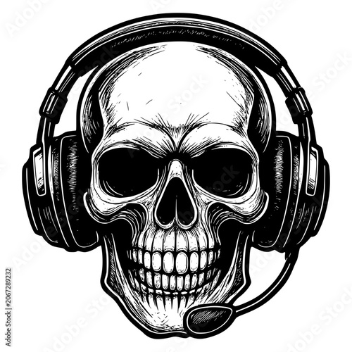 Skull with Headphones: A stark, artistic illustration of a human skull adorned with headphones and a microphone, suggesting themes of music, gaming, or communication.