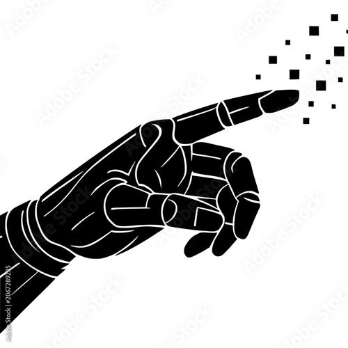 Robotic Finger Touching Pixels: A stylized illustration depicts a robotic hand's index finger reaching out to touch a cluster of abstract digital pixels.