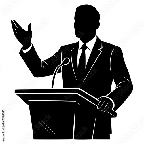 Orator on a Podium: A silhouette of a speaker in a suit gestures with conviction behind a podium with a microphone, ready to address an audience with a powerful message.