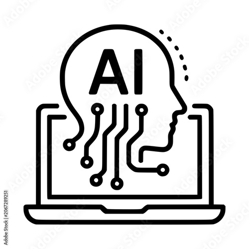 AI Brain Chip and Laptop Interface: An abstract illustration depicting artificial intelligence integrated with technology, featuring a human head silhouette with AI inside.