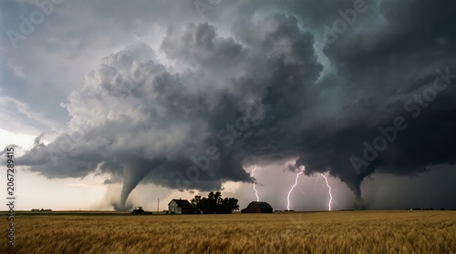 Dramatic supercell storm with large tornado and lightning strikes over rural farmland and farm buildings