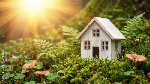 Small wooden house model in green forest with bright morning sunlight