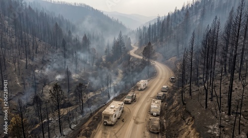 Motorhomes and trailers driving through a burnt forest landscape after a devastating wildfire disaster