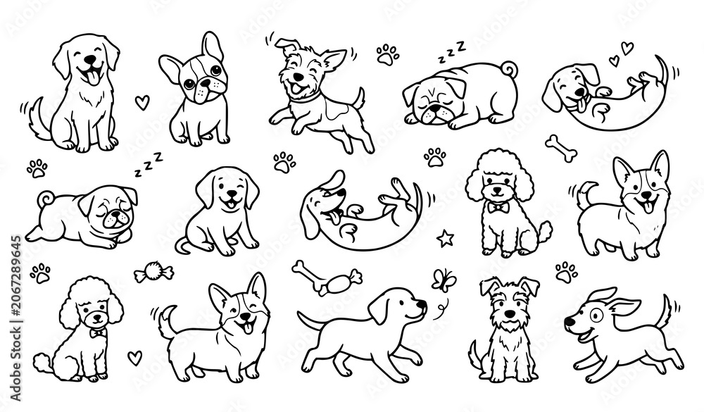 Fototapeta premium Black and white doodle dog collection for pet themed designs