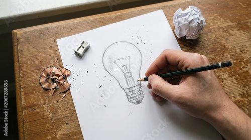 Human hand drawing a light bulb idea on white paper with pencil shavings and crumpled notes