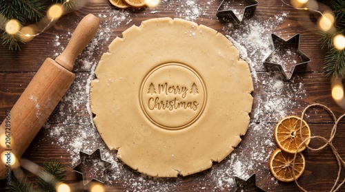 Close up of Christmas dough with embossed Merry Christmas message surrounded by star cutters and dried orange slices