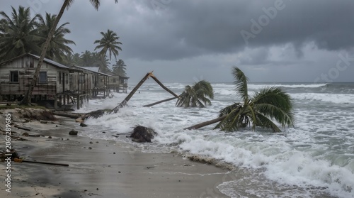 Damaged palm trees and flooded coastline after a powerful tropical storm hitting a beach village