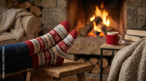Feet in warm winter socks relaxing by a burning fireplace with a mug and books
