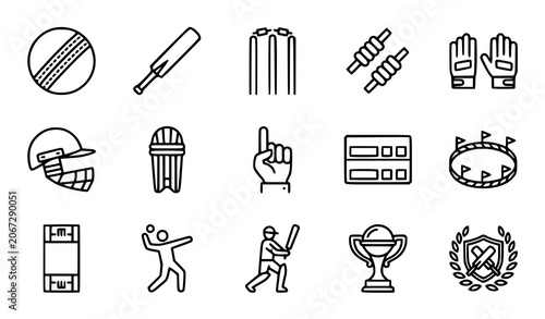 Foto Cricket equipment and gameplay line icons set