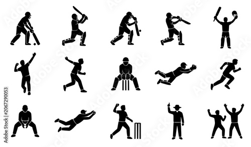 Fényképezés Cricket players silhouette collection batsmen fielders and wicket keeper actions