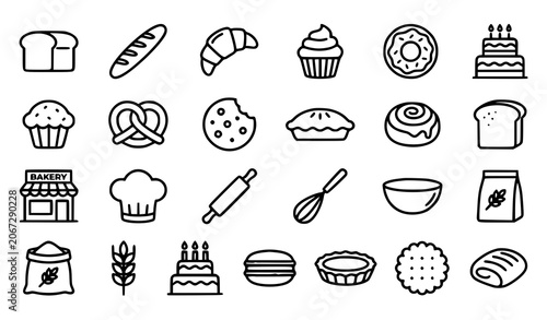 Fotografia Bakery line icons set bread pastries tools and shop frontage